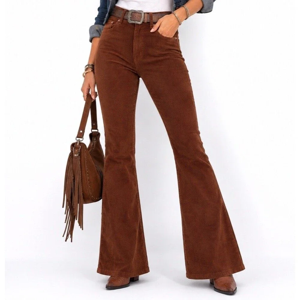 Wrangler High Rise Fierce Flare Brown Corduroy Pants Women Size 12x32
